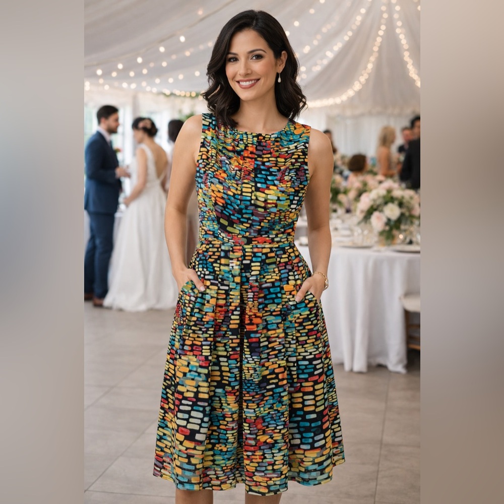 Ellen Tracy Multicolor Fit & Flare Dress Size 6 Sleeveless Pocket Dress
